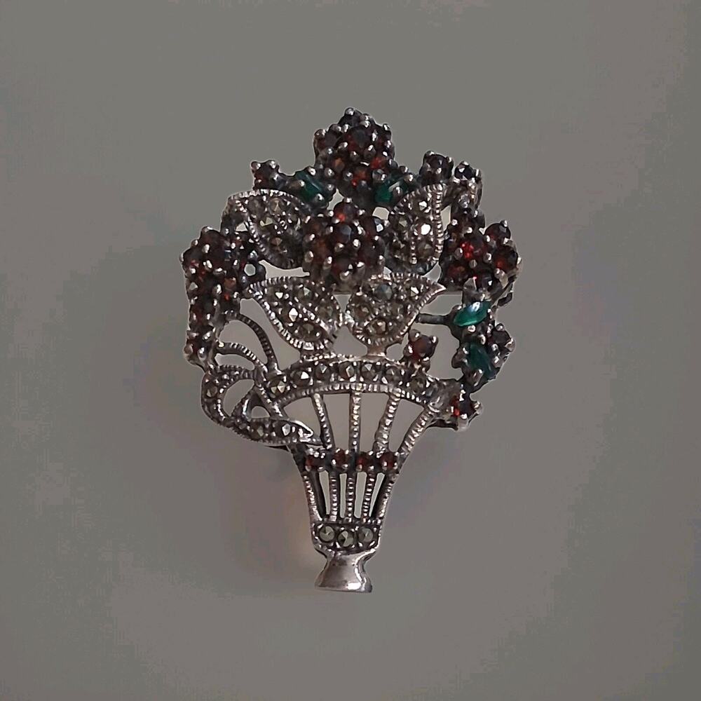 Vintage Sterling Silver Emerald, Garnet, Marcasite. 925 Brooch & Pendant